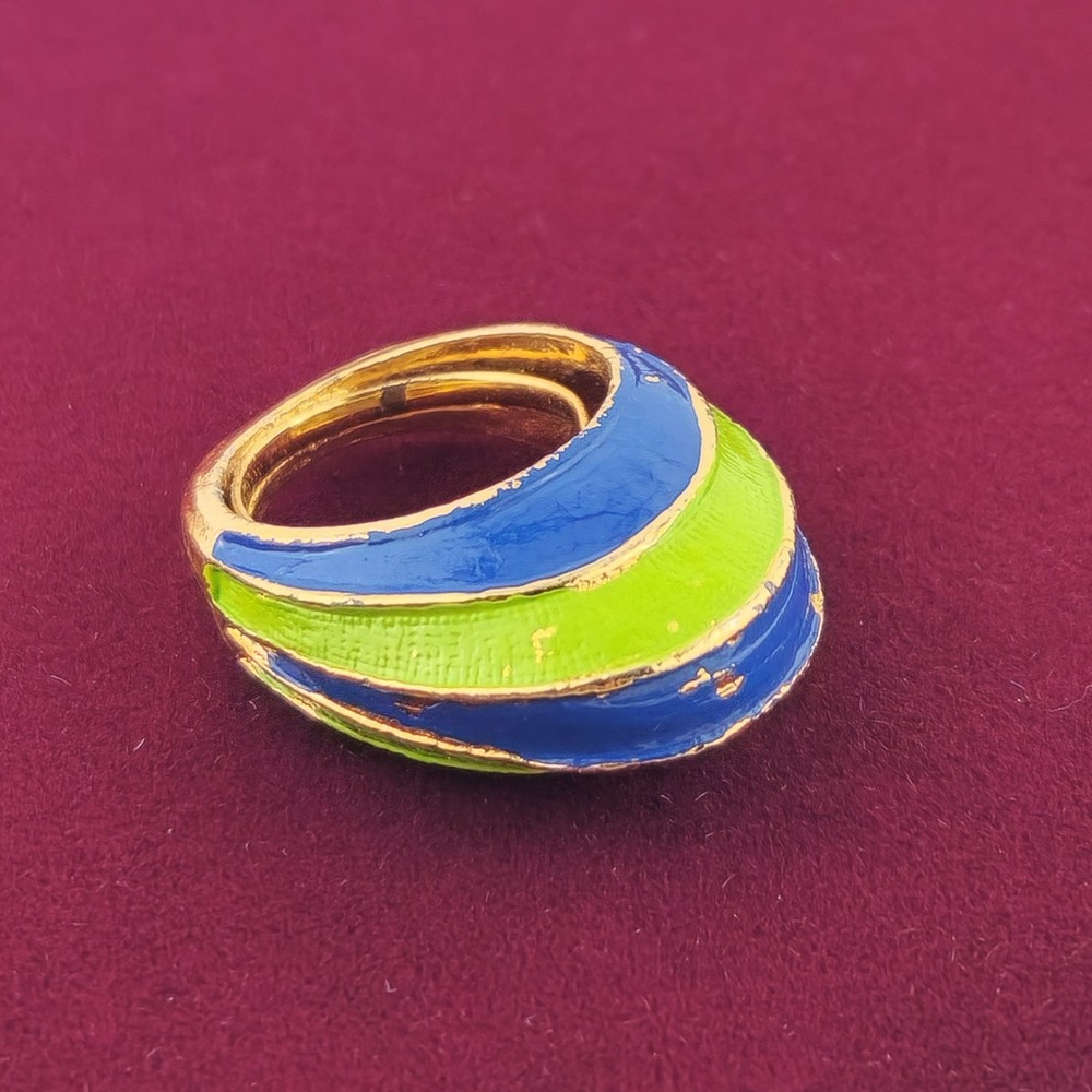 Vintage Blue Green Enamel Striped High Domed Cocktail Ring Gold Tone Statement